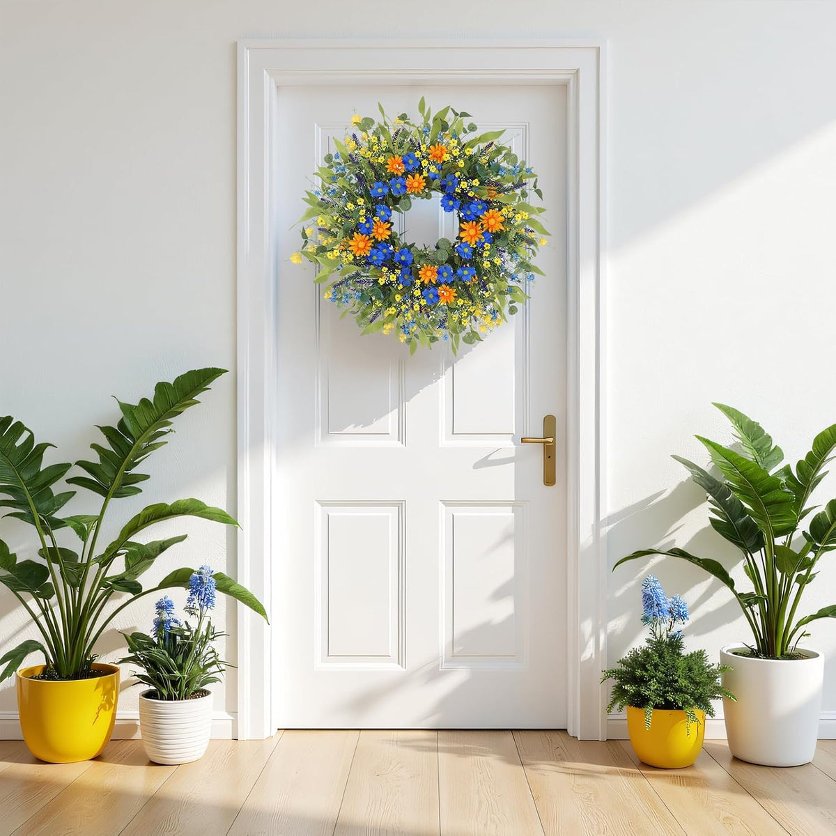 Yellow forsythia Door Wreath, 24 Inch Summer Wreaths for Front Door Outside, Hand Made Artificial Forsythia Flower Wreath for Front Door Window Wall Farmhouse Home Gift