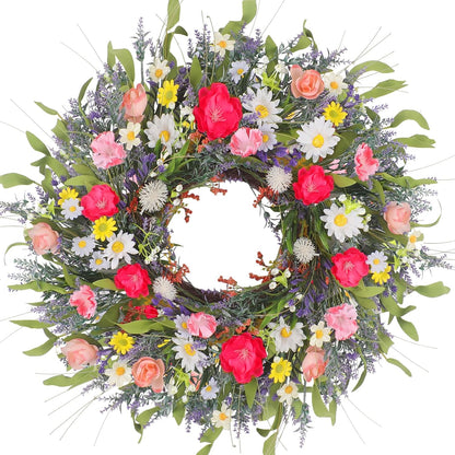 Yellow forsythia Door Wreath, 24 Inch Summer Wreaths for Front Door Outside, Hand Made Artificial Forsythia Flower Wreath for Front Door Window Wall Farmhouse Home Gift