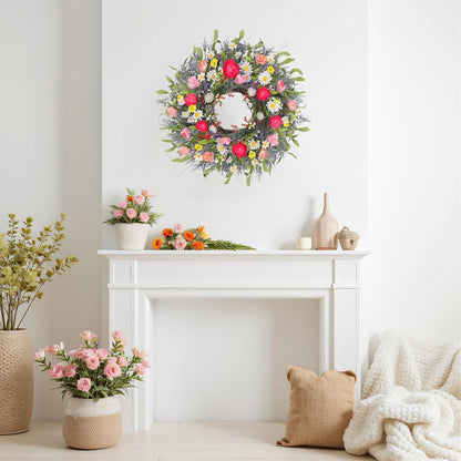 Yellow forsythia Door Wreath, 24 Inch Summer Wreaths for Front Door Outside, Hand Made Artificial Forsythia Flower Wreath for Front Door Window Wall Farmhouse Home Gift