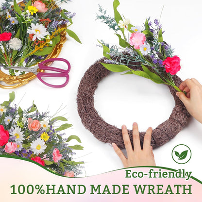 Yellow forsythia Door Wreath, 24 Inch Summer Wreaths for Front Door Outside, Hand Made Artificial Forsythia Flower Wreath for Front Door Window Wall Farmhouse Home Gift