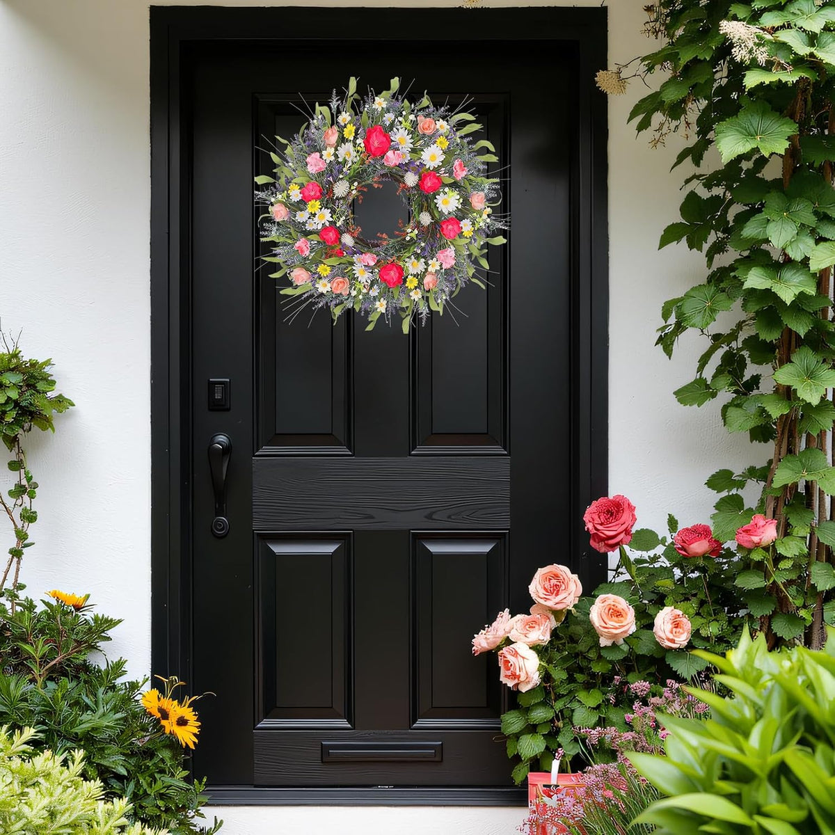 Yellow forsythia Door Wreath, 24 Inch Summer Wreaths for Front Door Outside, Hand Made Artificial Forsythia Flower Wreath for Front Door Window Wall Farmhouse Home Gift