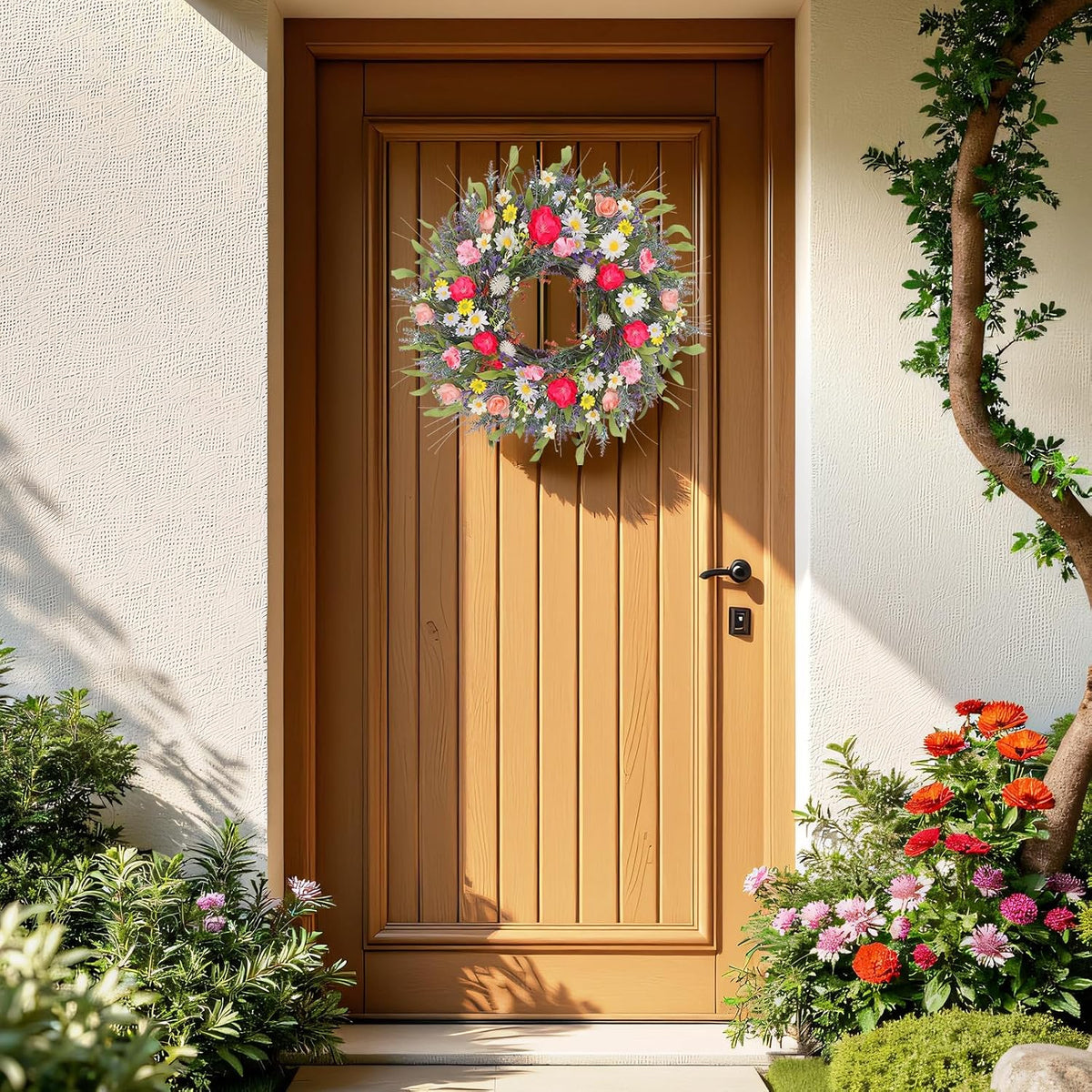 Yellow forsythia Door Wreath, 24 Inch Summer Wreaths for Front Door Outside, Hand Made Artificial Forsythia Flower Wreath for Front Door Window Wall Farmhouse Home Gift