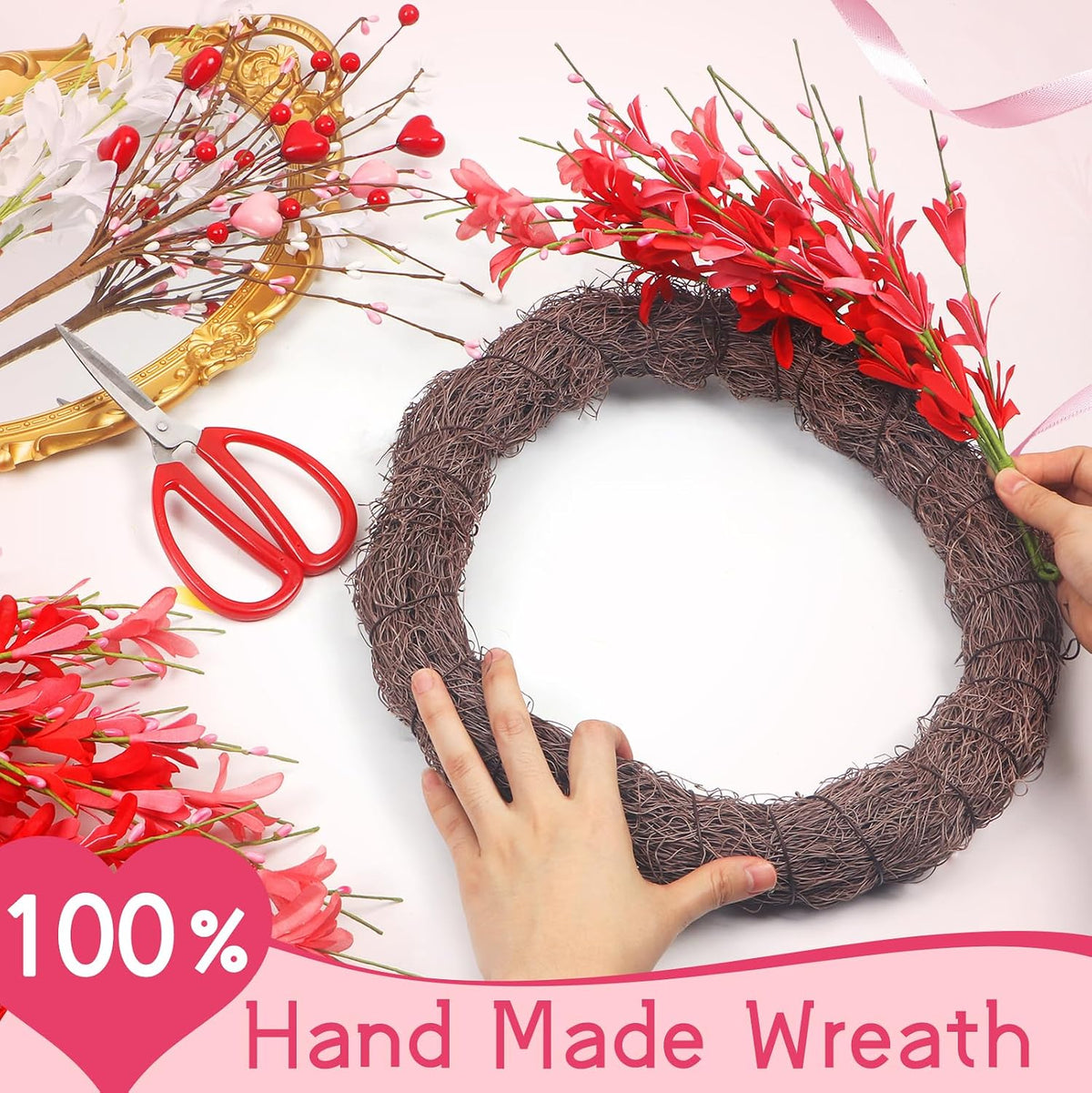Yellow forsythia Door Wreath, 24 Inch Summer Wreaths for Front Door Outside, Hand Made Artificial Forsythia Flower Wreath for Front Door Window Wall Farmhouse Home Gift