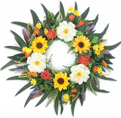 Yellow forsythia Door Wreath, 24 Inch Summer Wreaths for Front Door Outside, Hand Made Artificial Forsythia Flower Wreath for Front Door Window Wall Farmhouse Home Gift