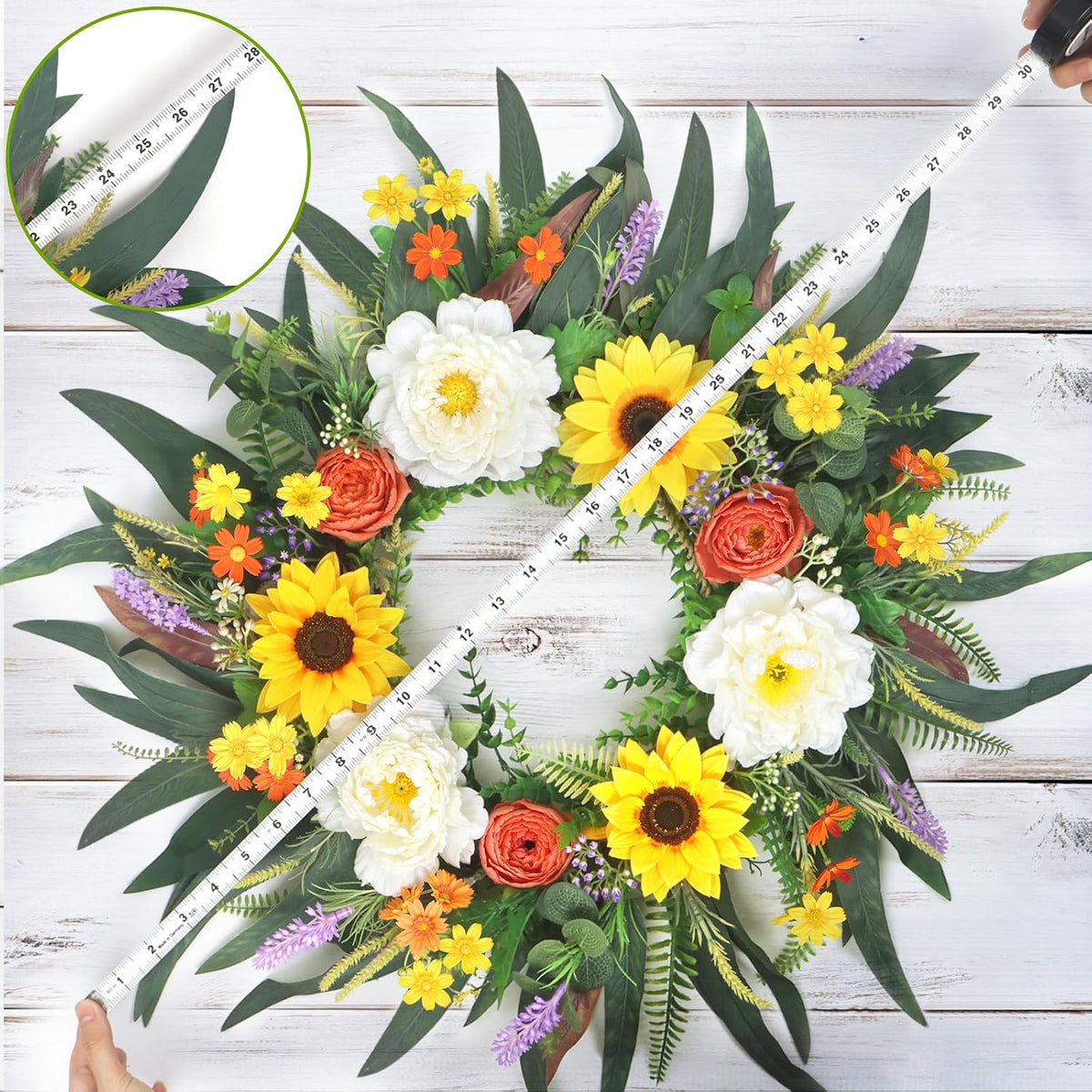 Yellow forsythia Door Wreath, 24 Inch Summer Wreaths for Front Door Outside, Hand Made Artificial Forsythia Flower Wreath for Front Door Window Wall Farmhouse Home Gift