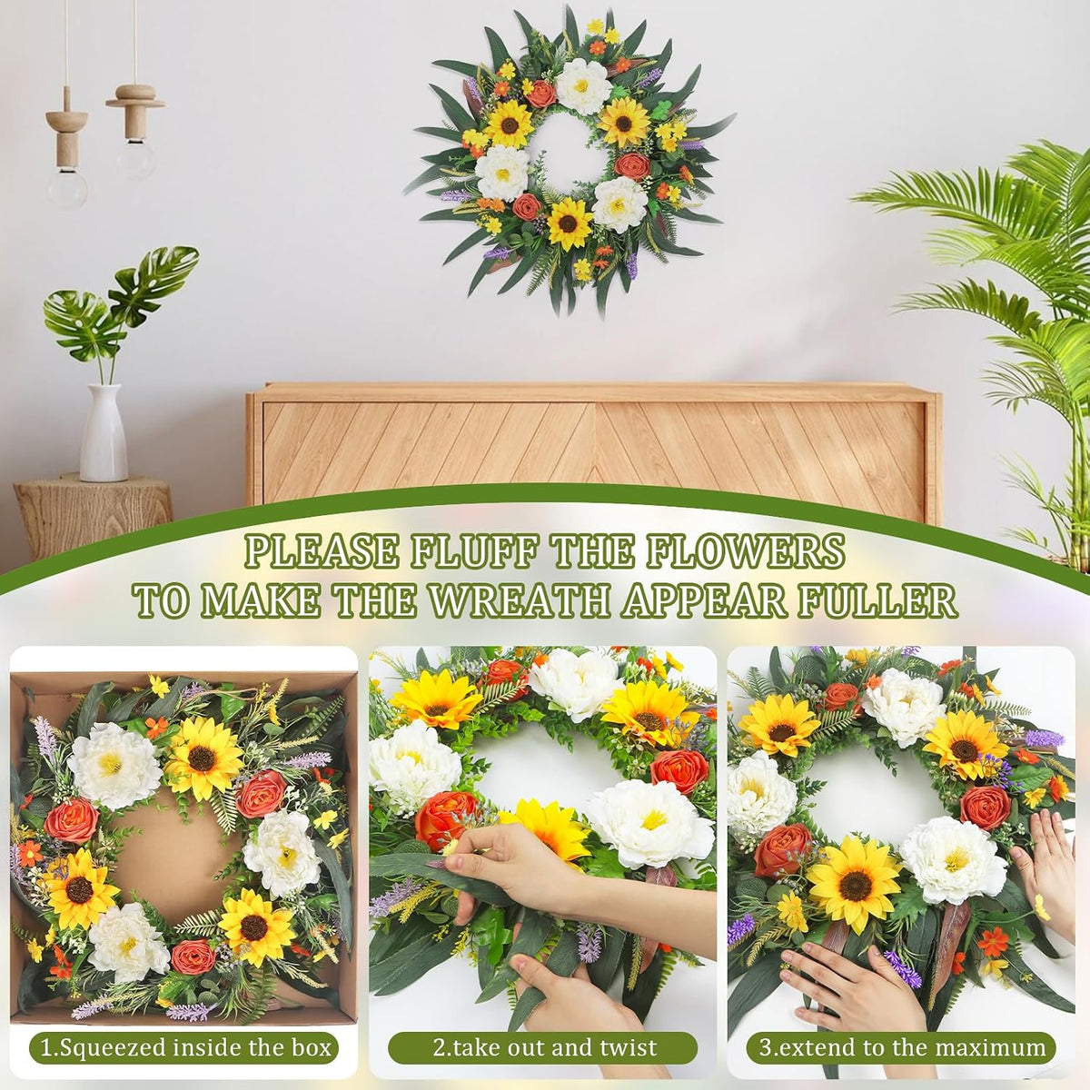 Yellow forsythia Door Wreath, 24 Inch Summer Wreaths for Front Door Outside, Hand Made Artificial Forsythia Flower Wreath for Front Door Window Wall Farmhouse Home Gift