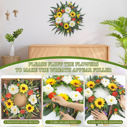 Yellow forsythia Door Wreath, 24 Inch Summer Wreaths for Front Door Outside, Hand Made Artificial Forsythia Flower Wreath for Front Door Window Wall Farmhouse Home Gift