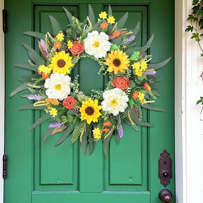 Yellow forsythia Door Wreath, 24 Inch Summer Wreaths for Front Door Outside, Hand Made Artificial Forsythia Flower Wreath for Front Door Window Wall Farmhouse Home Gift