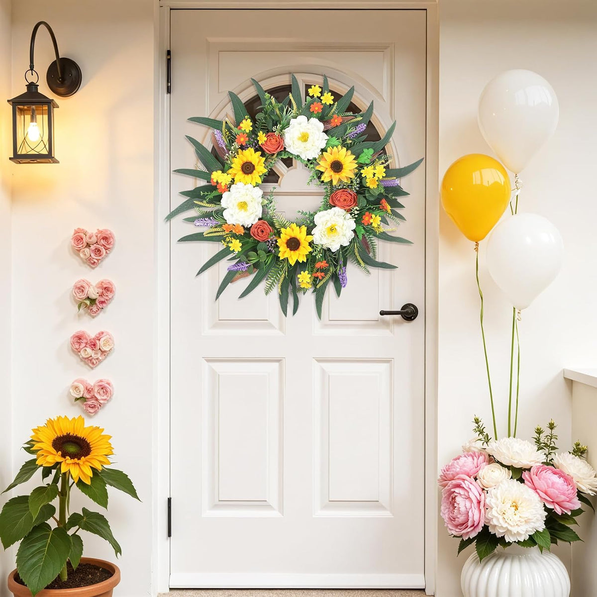 Yellow forsythia Door Wreath, 24 Inch Summer Wreaths for Front Door Outside, Hand Made Artificial Forsythia Flower Wreath for Front Door Window Wall Farmhouse Home Gift