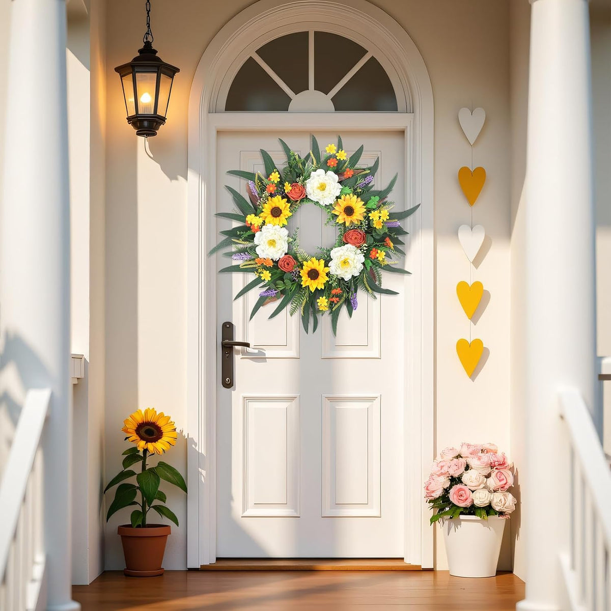Yellow forsythia Door Wreath, 24 Inch Summer Wreaths for Front Door Outside, Hand Made Artificial Forsythia Flower Wreath for Front Door Window Wall Farmhouse Home Gift