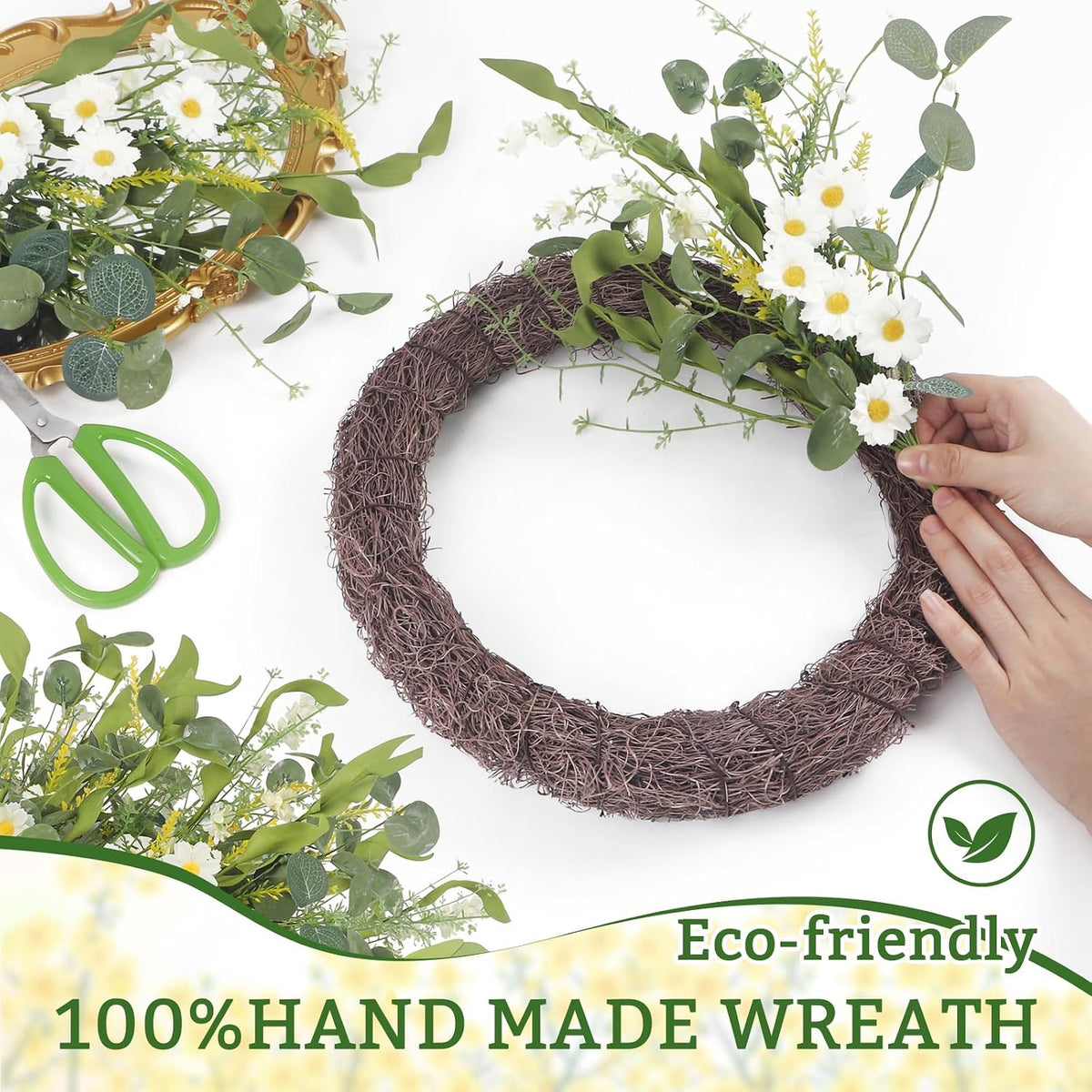 Yellow forsythia Door Wreath, 24 Inch Summer Wreaths for Front Door Outside, Hand Made Artificial Forsythia Flower Wreath for Front Door Window Wall Farmhouse Home Gift