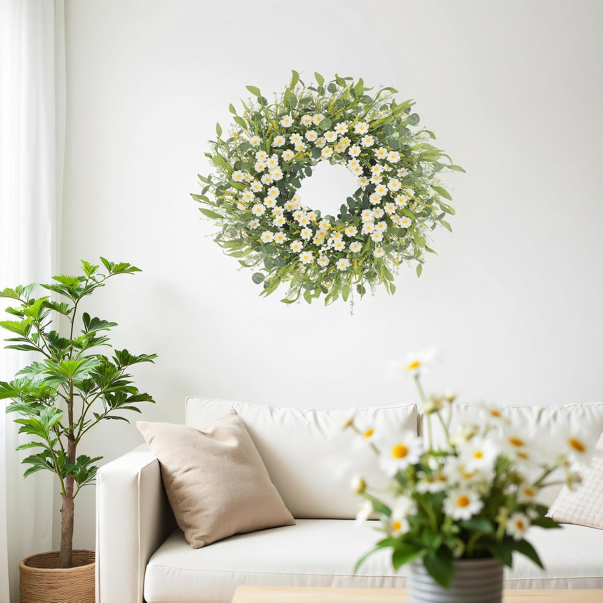Yellow forsythia Door Wreath, 24 Inch Summer Wreaths for Front Door Outside, Hand Made Artificial Forsythia Flower Wreath for Front Door Window Wall Farmhouse Home Gift