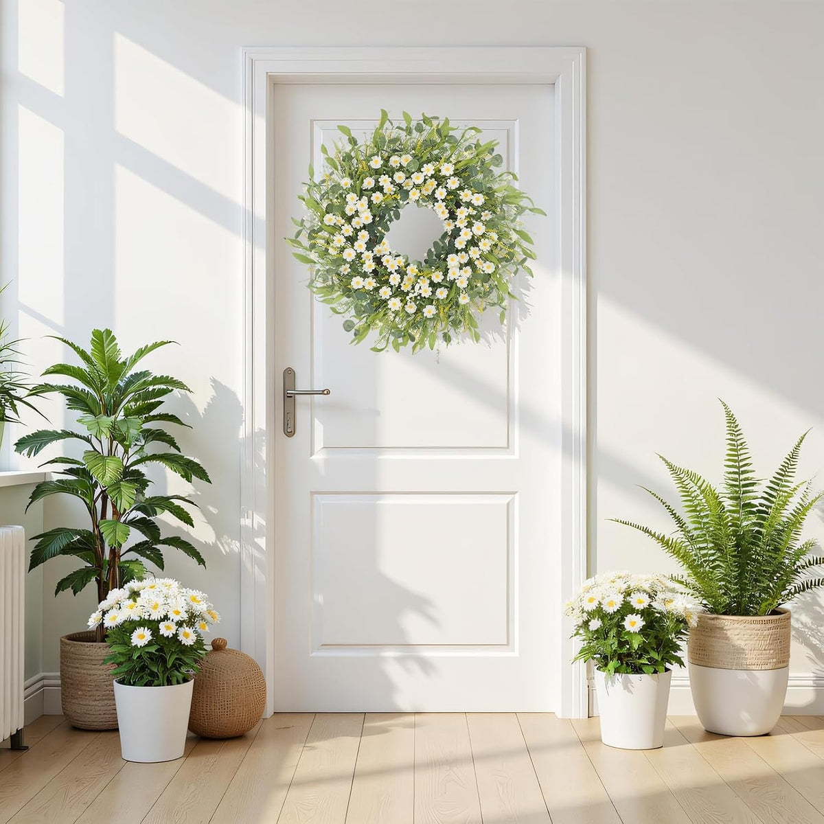 Yellow forsythia Door Wreath, 24 Inch Summer Wreaths for Front Door Outside, Hand Made Artificial Forsythia Flower Wreath for Front Door Window Wall Farmhouse Home Gift