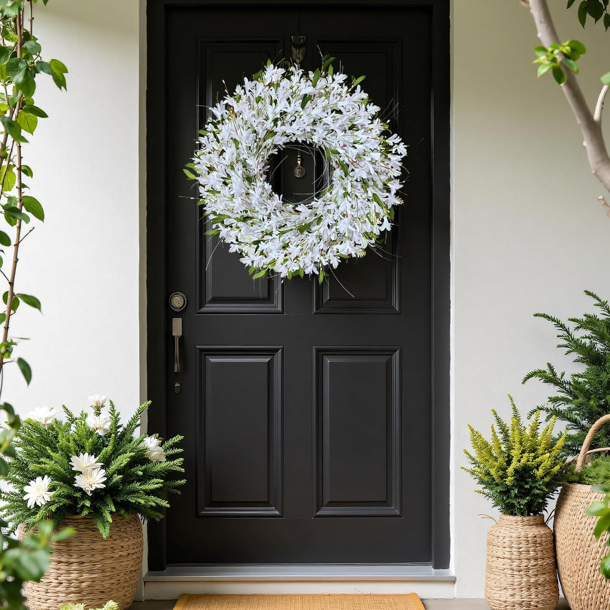 Yellow forsythia Door Wreath, 24 Inch Summer Wreaths for Front Door Outside, Hand Made Artificial Forsythia Flower Wreath for Front Door Window Wall Farmhouse Home Gift