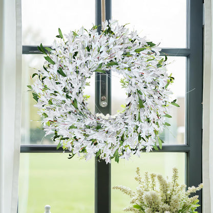 Yellow forsythia Door Wreath, 24 Inch Summer Wreaths for Front Door Outside, Hand Made Artificial Forsythia Flower Wreath for Front Door Window Wall Farmhouse Home Gift