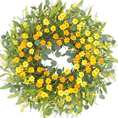 Yellow forsythia Door Wreath, 24 Inch Summer Wreaths for Front Door Outside, Hand Made Artificial Forsythia Flower Wreath for Front Door Window Wall Farmhouse Home Gift