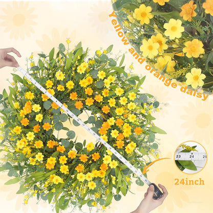 Yellow forsythia Door Wreath, 24 Inch Summer Wreaths for Front Door Outside, Hand Made Artificial Forsythia Flower Wreath for Front Door Window Wall Farmhouse Home Gift