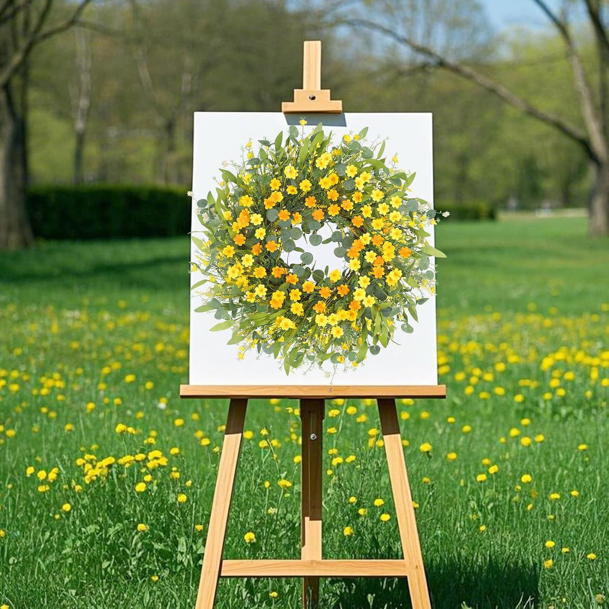 Yellow forsythia Door Wreath, 24 Inch Summer Wreaths for Front Door Outside, Hand Made Artificial Forsythia Flower Wreath for Front Door Window Wall Farmhouse Home Gift