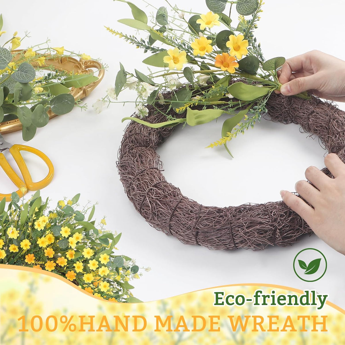 Yellow forsythia Door Wreath, 24 Inch Summer Wreaths for Front Door Outside, Hand Made Artificial Forsythia Flower Wreath for Front Door Window Wall Farmhouse Home Gift