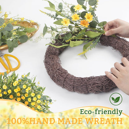 Yellow forsythia Door Wreath, 24 Inch Summer Wreaths for Front Door Outside, Hand Made Artificial Forsythia Flower Wreath for Front Door Window Wall Farmhouse Home Gift