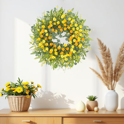 Yellow forsythia Door Wreath, 24 Inch Summer Wreaths for Front Door Outside, Hand Made Artificial Forsythia Flower Wreath for Front Door Window Wall Farmhouse Home Gift