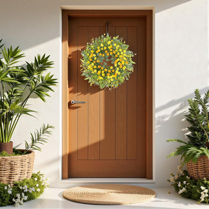 Yellow forsythia Door Wreath, 24 Inch Summer Wreaths for Front Door Outside, Hand Made Artificial Forsythia Flower Wreath for Front Door Window Wall Farmhouse Home Gift