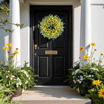 Yellow forsythia Door Wreath, 24 Inch Summer Wreaths for Front Door Outside, Hand Made Artificial Forsythia Flower Wreath for Front Door Window Wall Farmhouse Home Gift