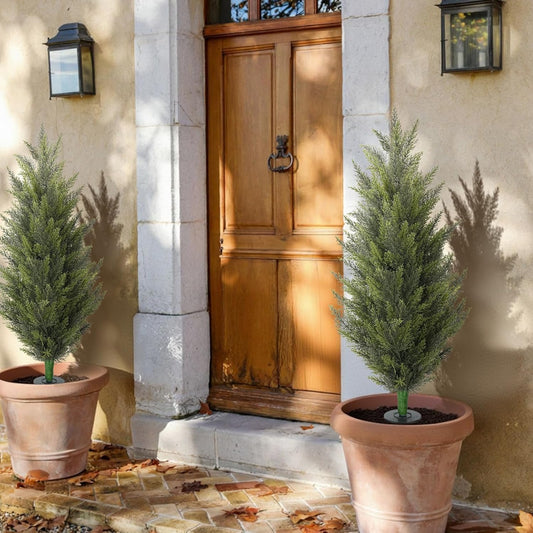 2 Pack 43.3"/3.6FT Artificial Camellia Trees for Outdoor | Fake Orange Camellia Silk Flowers Tree with Pot, Tall UV Resistant Faux Outdoor Plants for Front Porch Indoor Home Decor