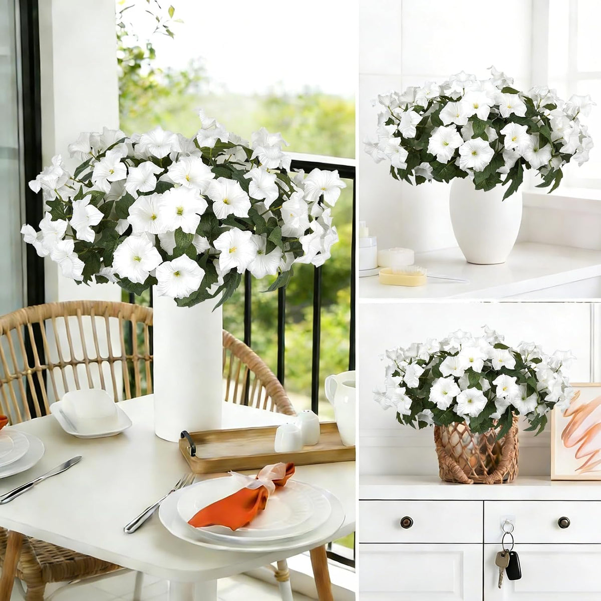 Artificial Flowers for Outdoors, Faux Petunias Spring Summer Decoration, Fake Flowers Plants UV Resistant Look Real Silk Flowers for Outside Planter Front Door Porch Patio Yard (6, White)