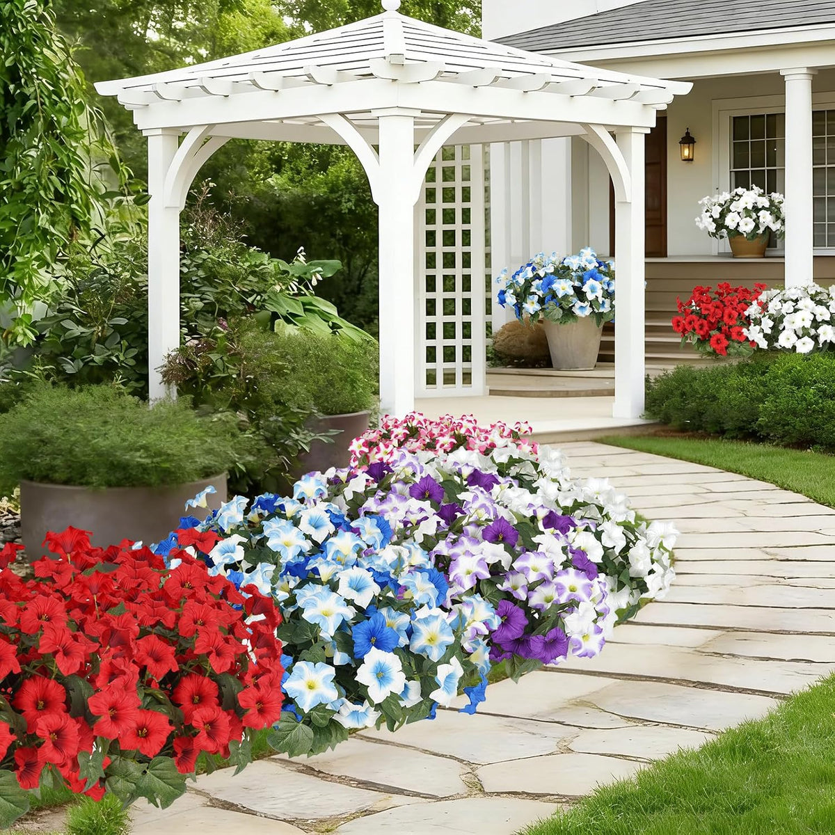 Artificial Flowers for Outdoors, Faux Petunias Spring Summer Decoration, Fake Flowers Plants UV Resistant Look Real Silk Flowers for Outside Planter Front Door Porch Patio Yard (6, White)