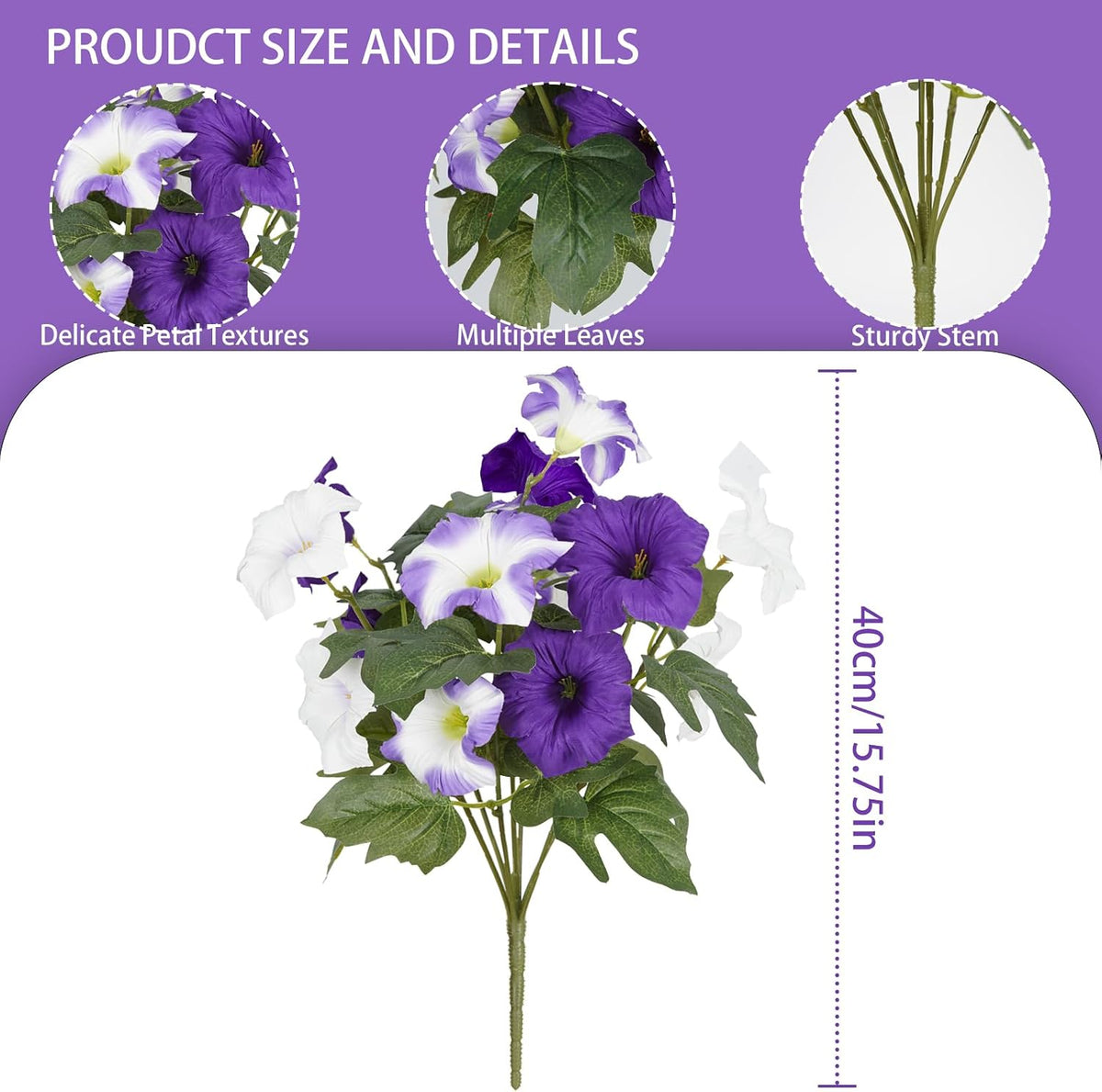 Artificial Flowers for Outdoors, Faux Petunias Spring Summer Decoration, Fake Flowers Plants UV Resistant Look Real Silk Flowers for Outside Planter Front Door Porch Patio Yard (6, White)