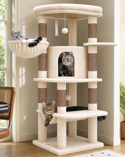 Cactus Corner Cat Tree Tower with Scratching Post for Indoor Cats, 51in Multi-Level Cat Condo Tower with Large Hammock, Fan-Shaped Padded Perch, Spacious Cat Cave, Hanging Basket, C51, Green