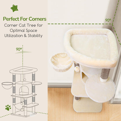 Cactus Corner Cat Tree Tower with Scratching Post for Indoor Cats, 51in Multi-Level Cat Condo Tower with Large Hammock, Fan-Shaped Padded Perch, Spacious Cat Cave, Hanging Basket, C51, Green