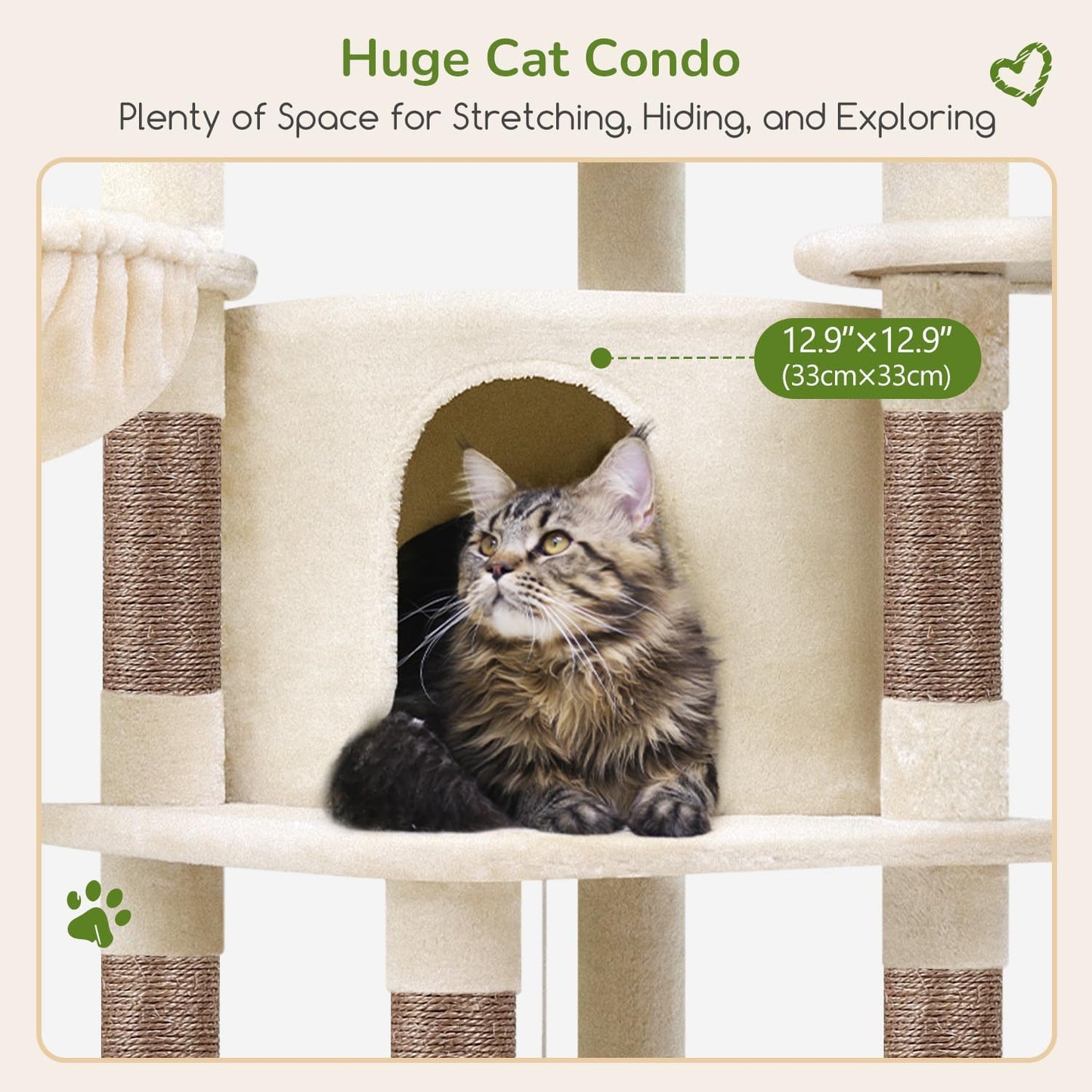 Cactus Corner Cat Tree Tower with Scratching Post for Indoor Cats, 51in Multi-Level Cat Condo Tower with Large Hammock, Fan-Shaped Padded Perch, Spacious Cat Cave, Hanging Basket, C51, Green