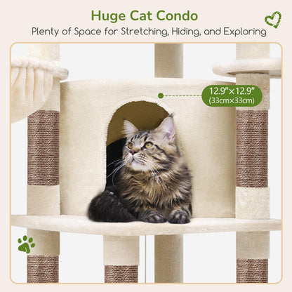 Cactus Corner Cat Tree Tower with Scratching Post for Indoor Cats, 51in Multi-Level Cat Condo Tower with Large Hammock, Fan-Shaped Padded Perch, Spacious Cat Cave, Hanging Basket, C51, Green