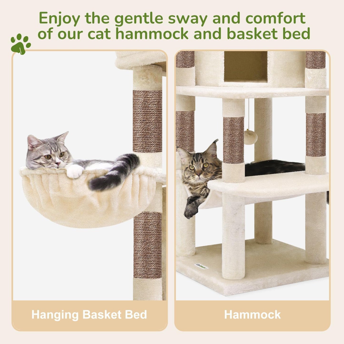 Cactus Corner Cat Tree Tower with Scratching Post for Indoor Cats, 51in Multi-Level Cat Condo Tower with Large Hammock, Fan-Shaped Padded Perch, Spacious Cat Cave, Hanging Basket, C51, Green