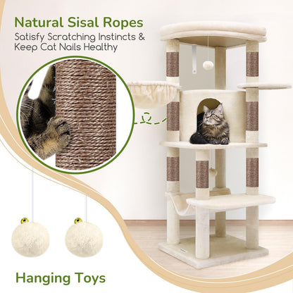 Cactus Corner Cat Tree Tower with Scratching Post for Indoor Cats, 51in Multi-Level Cat Condo Tower with Large Hammock, Fan-Shaped Padded Perch, Spacious Cat Cave, Hanging Basket, C51, Green