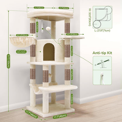 Cactus Corner Cat Tree Tower with Scratching Post for Indoor Cats, 51in Multi-Level Cat Condo Tower with Large Hammock, Fan-Shaped Padded Perch, Spacious Cat Cave, Hanging Basket, C51, Green