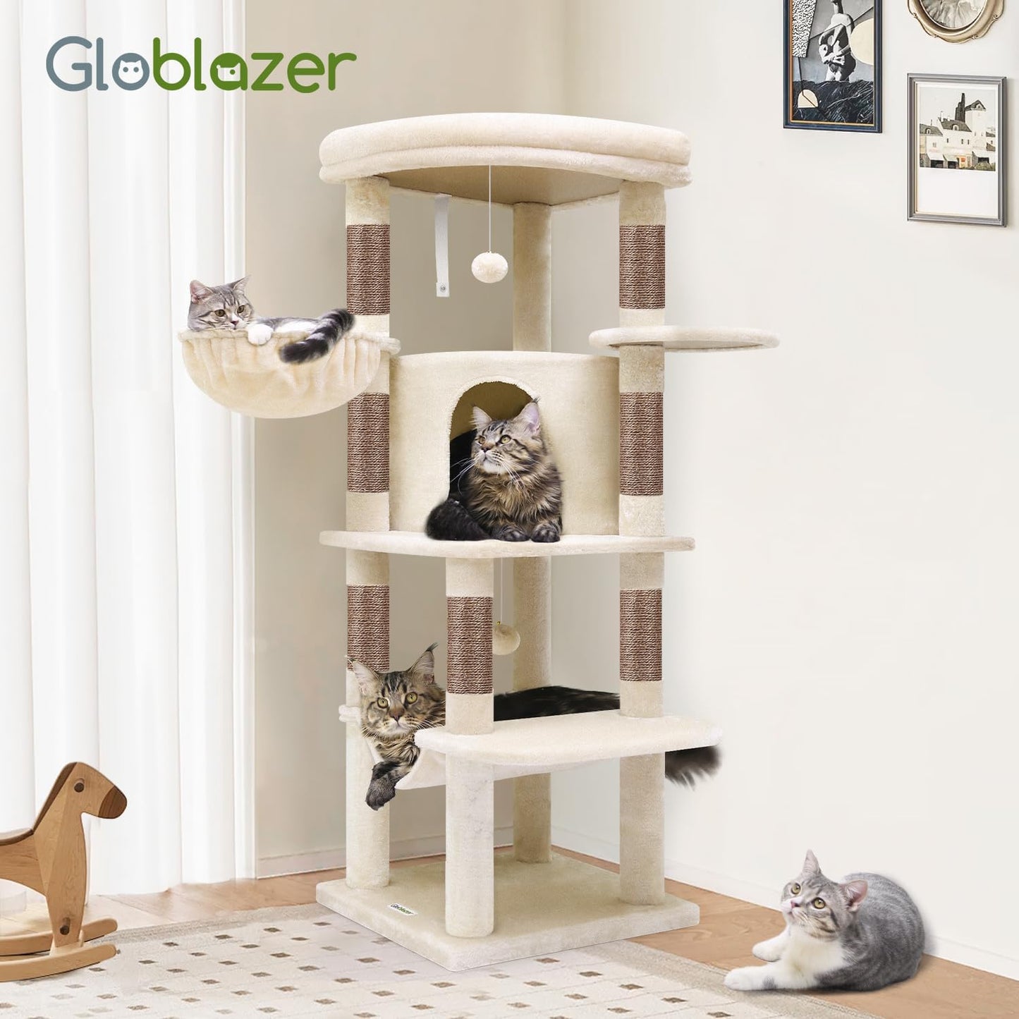 Cactus Corner Cat Tree Tower with Scratching Post for Indoor Cats, 51in Multi-Level Cat Condo Tower with Large Hammock, Fan-Shaped Padded Perch, Spacious Cat Cave, Hanging Basket, C51, Green