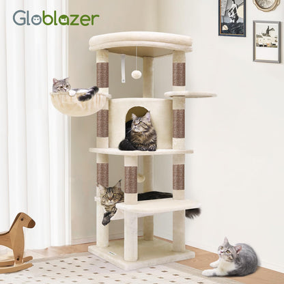 Cactus Corner Cat Tree Tower with Scratching Post for Indoor Cats, 51in Multi-Level Cat Condo Tower with Large Hammock, Fan-Shaped Padded Perch, Spacious Cat Cave, Hanging Basket, C51, Green