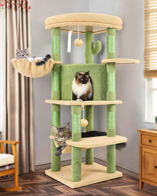 Cactus Corner Cat Tree Tower with Scratching Post for Indoor Cats, 51in Multi-Level Cat Condo Tower with Large Hammock, Fan-Shaped Padded Perch, Spacious Cat Cave, Hanging Basket, C51, Green