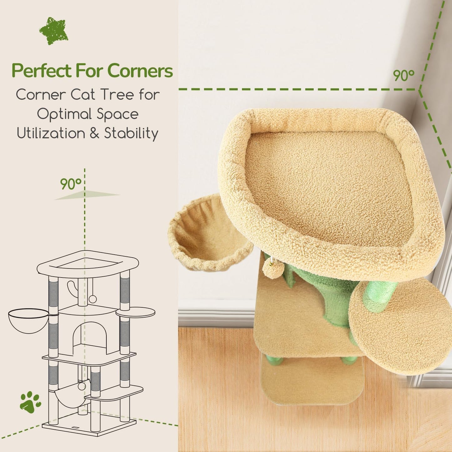 Cactus Corner Cat Tree Tower with Scratching Post for Indoor Cats, 51in Multi-Level Cat Condo Tower with Large Hammock, Fan-Shaped Padded Perch, Spacious Cat Cave, Hanging Basket, C51, Green