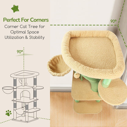 Cactus Corner Cat Tree Tower with Scratching Post for Indoor Cats, 51in Multi-Level Cat Condo Tower with Large Hammock, Fan-Shaped Padded Perch, Spacious Cat Cave, Hanging Basket, C51, Green