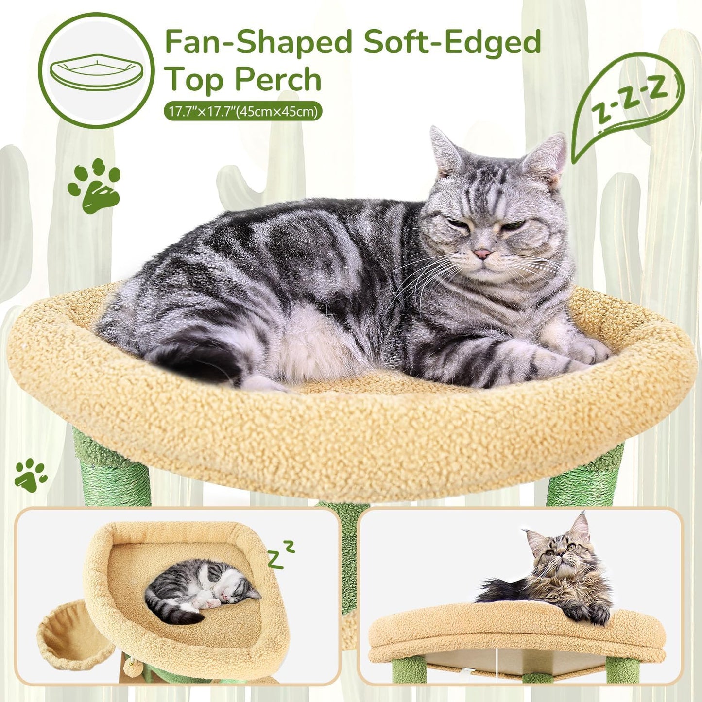 Cactus Corner Cat Tree Tower with Scratching Post for Indoor Cats, 51in Multi-Level Cat Condo Tower with Large Hammock, Fan-Shaped Padded Perch, Spacious Cat Cave, Hanging Basket, C51, Green