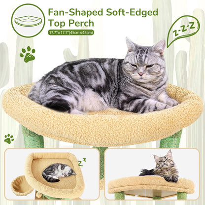 Cactus Corner Cat Tree Tower with Scratching Post for Indoor Cats, 51in Multi-Level Cat Condo Tower with Large Hammock, Fan-Shaped Padded Perch, Spacious Cat Cave, Hanging Basket, C51, Green
