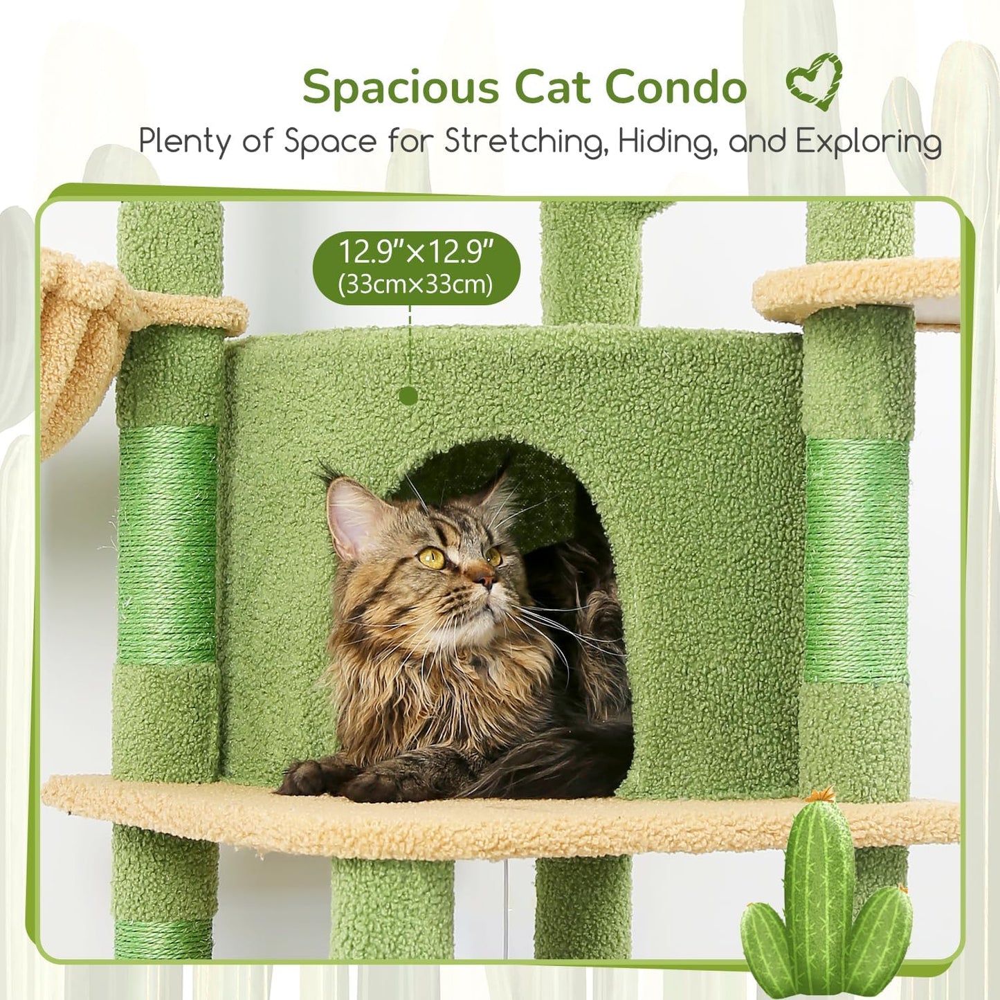Cactus Corner Cat Tree Tower with Scratching Post for Indoor Cats, 51in Multi-Level Cat Condo Tower with Large Hammock, Fan-Shaped Padded Perch, Spacious Cat Cave, Hanging Basket, C51, Green