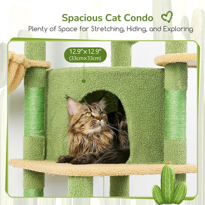 Cactus Corner Cat Tree Tower with Scratching Post for Indoor Cats, 51in Multi-Level Cat Condo Tower with Large Hammock, Fan-Shaped Padded Perch, Spacious Cat Cave, Hanging Basket, C51, Green