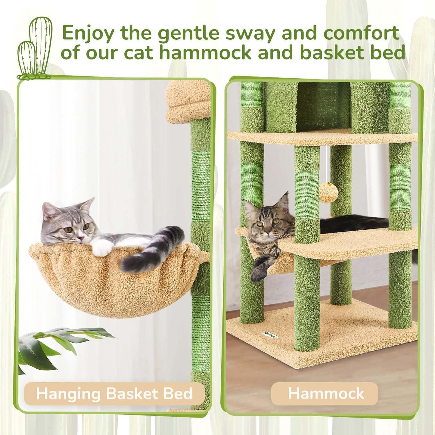 Cactus Corner Cat Tree Tower with Scratching Post for Indoor Cats, 51in Multi-Level Cat Condo Tower with Large Hammock, Fan-Shaped Padded Perch, Spacious Cat Cave, Hanging Basket, C51, Green