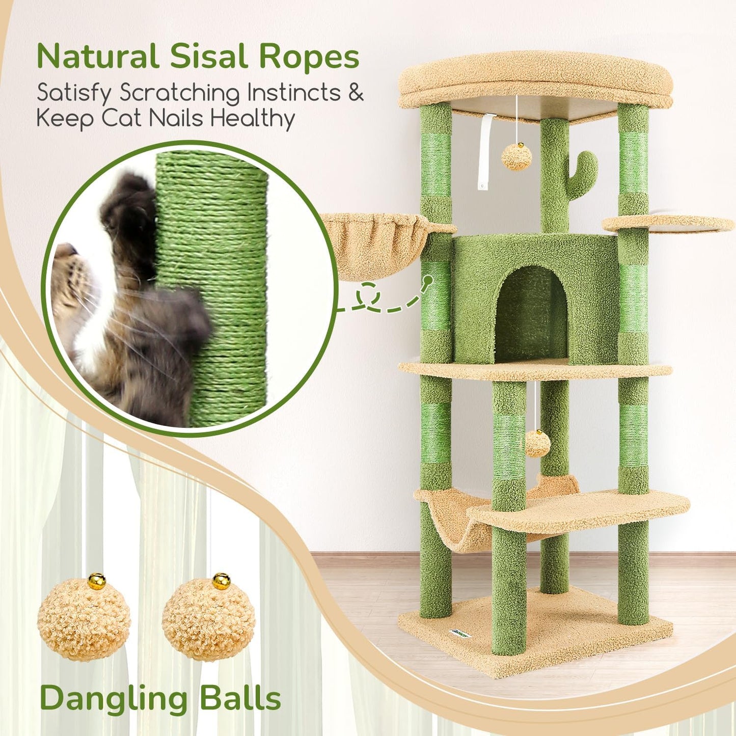 Cactus Corner Cat Tree Tower with Scratching Post for Indoor Cats, 51in Multi-Level Cat Condo Tower with Large Hammock, Fan-Shaped Padded Perch, Spacious Cat Cave, Hanging Basket, C51, Green