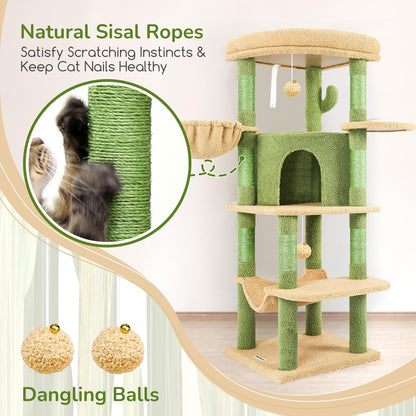 Cactus Corner Cat Tree Tower with Scratching Post for Indoor Cats, 51in Multi-Level Cat Condo Tower with Large Hammock, Fan-Shaped Padded Perch, Spacious Cat Cave, Hanging Basket, C51, Green